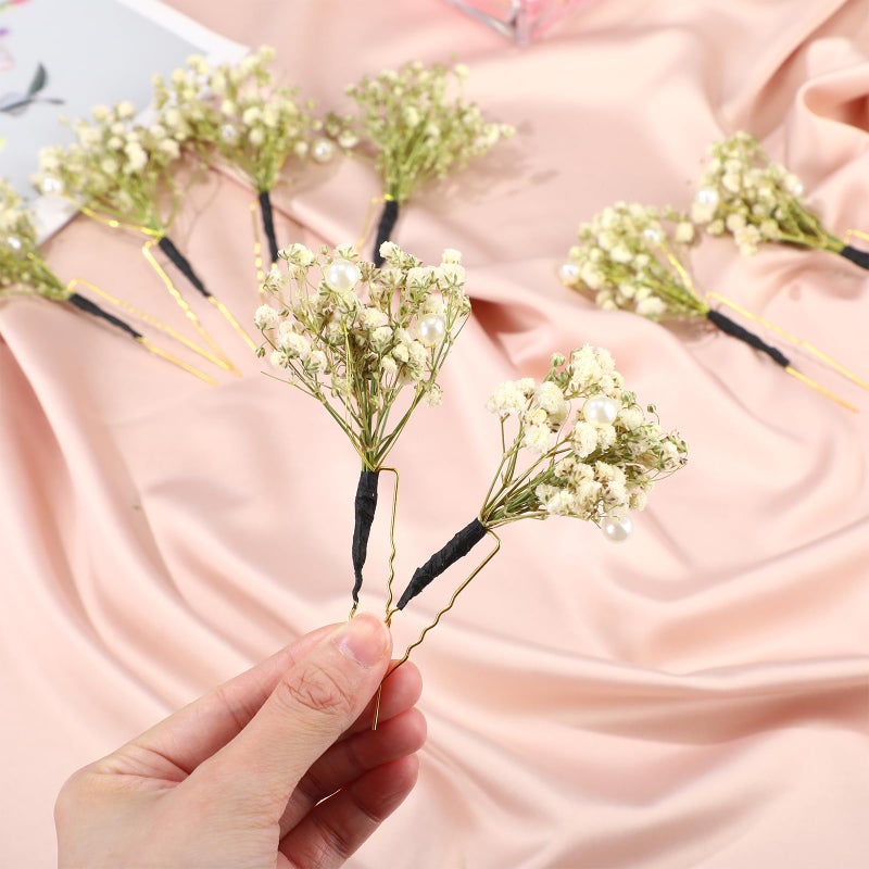 Daifunli 12 Pcs Baby's Breath Hair Pins for Wedding Bridal Shower Dried Flower Accessories Hair Pins with Pearl for Brides Bridesmaid Women Girls - Image 3